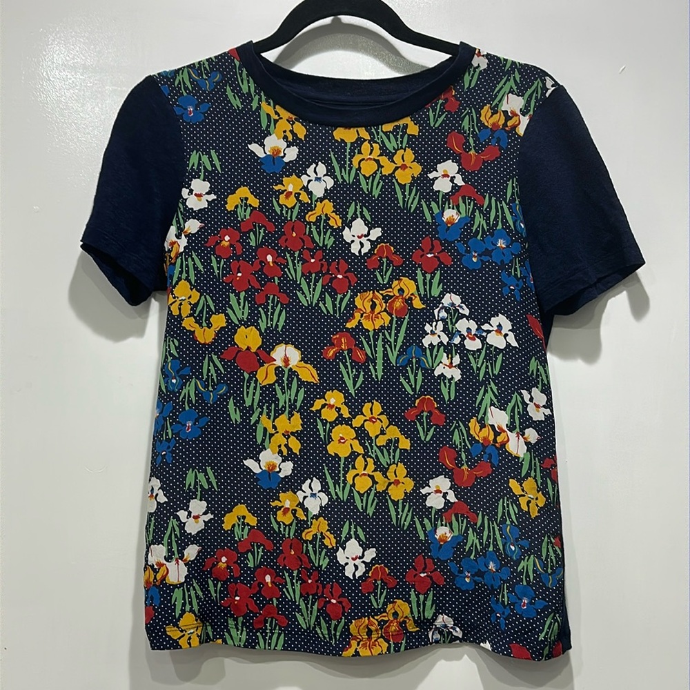 Tory Burch Silk & Linen Blue Floral/Dot Short Sleeve Top Size XS